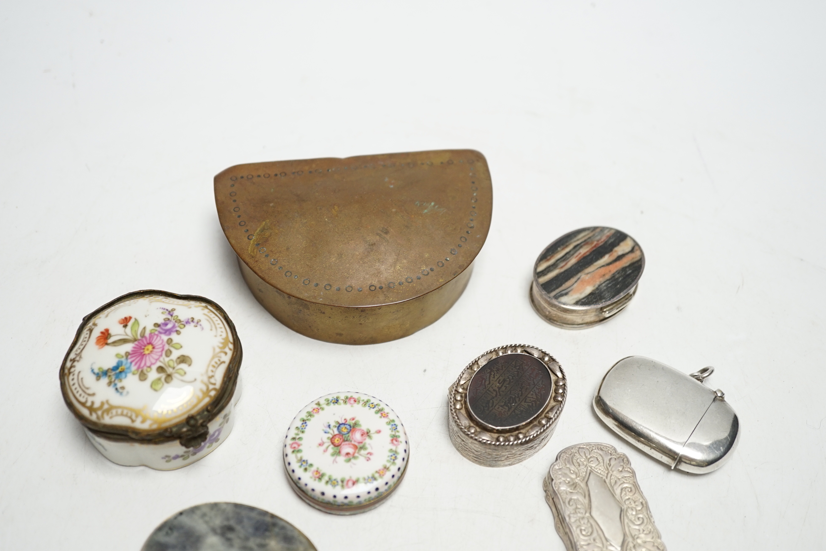 Nine assorted 19th century and later boxes, including painted porcelain, hardstone set, copper, moss agate set, a silver vesta case and silver vinaigrette (lacking grille).